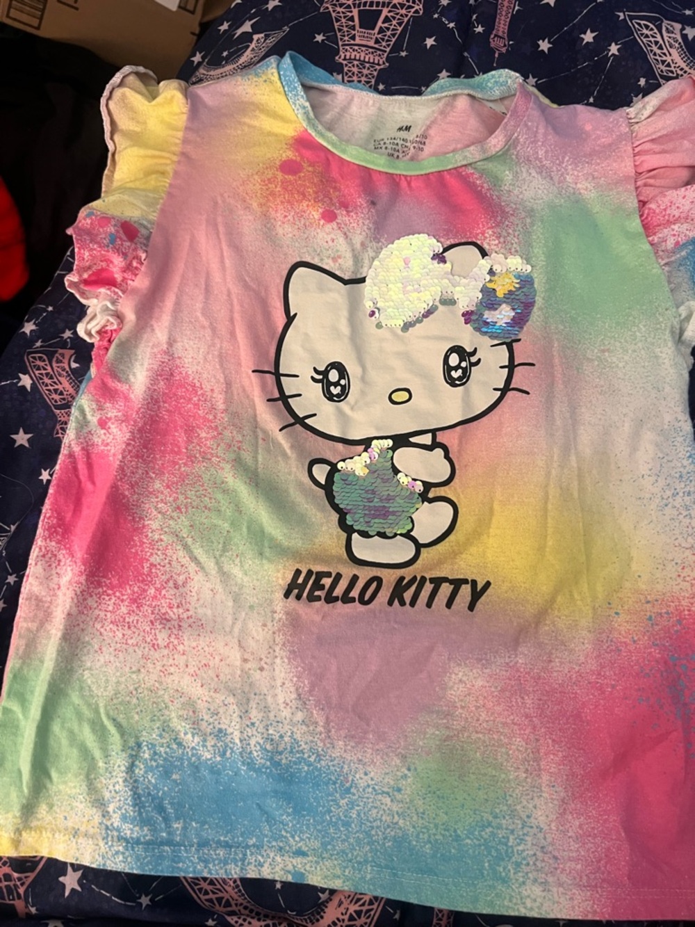 Sanrio Hello Kitty Multicolor Pastel Sequin Ruffle Sleeve Tee